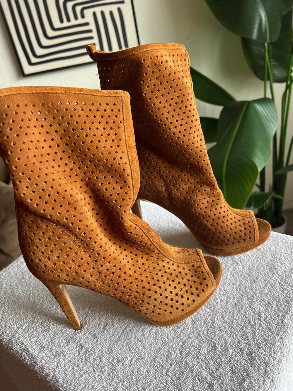 BCBGeneration Tan Peep-Toe Perforated Suede Heeled Boots sz 7.5